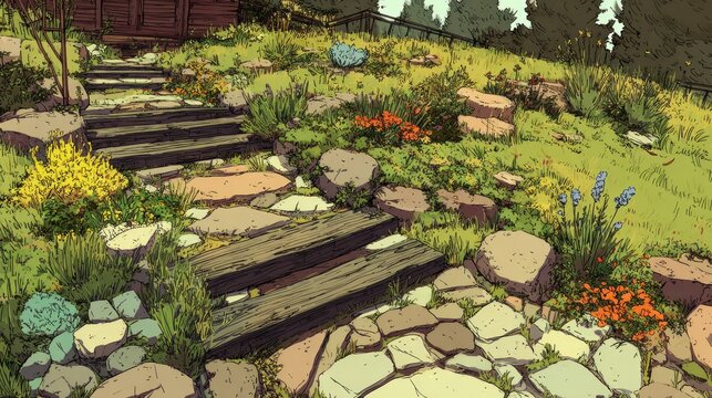 Rustic wooden and stone steps ascend a vibrant, lush green hillside garden area