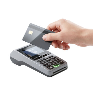 Hand making contactless payment with credit card at pos terminal