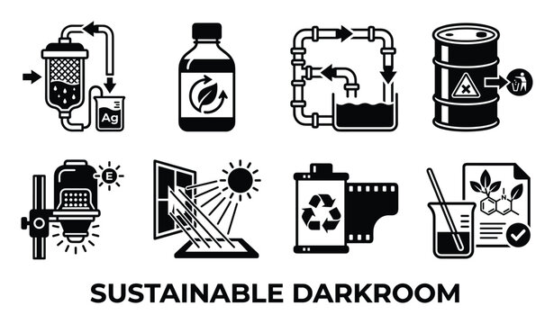 Sustainable darkroom equipment for photographers promoting eco conscious practices and chemical recycling.