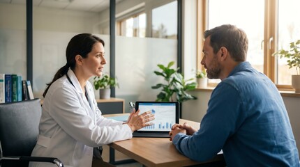 Fototapeta premium Professional Female Doctor Discusses Data Charts with Male Client in a Modern Office