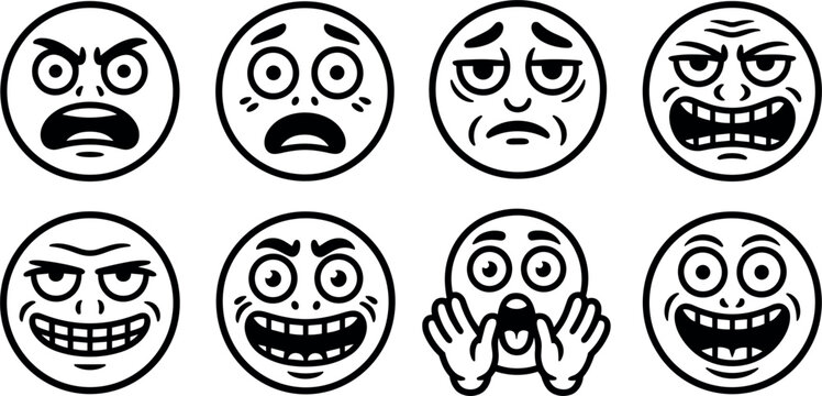 Negative and expressive comic emoji face icons set with angry shocked and evil grin expressions