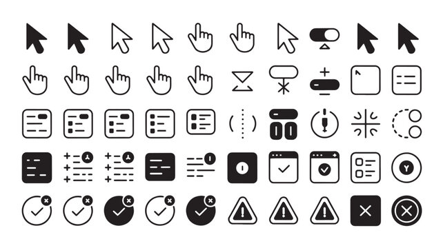 Minimalist computer cursor icons and web UI elements set, 50 black and white vector mouse pointers, interface navigation symbols for software design