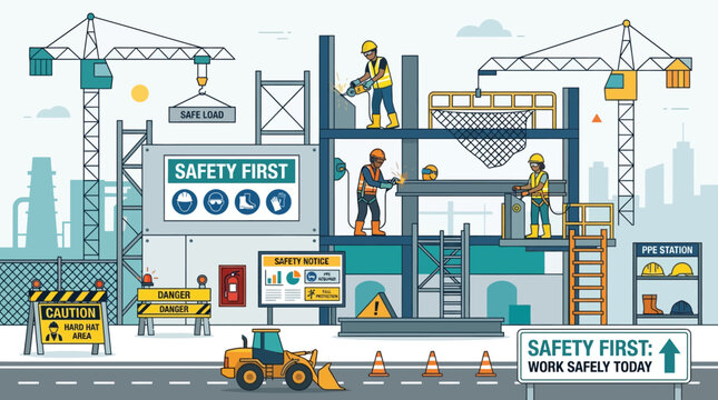Construction workers in safety gear at busy industrial building site with cranes