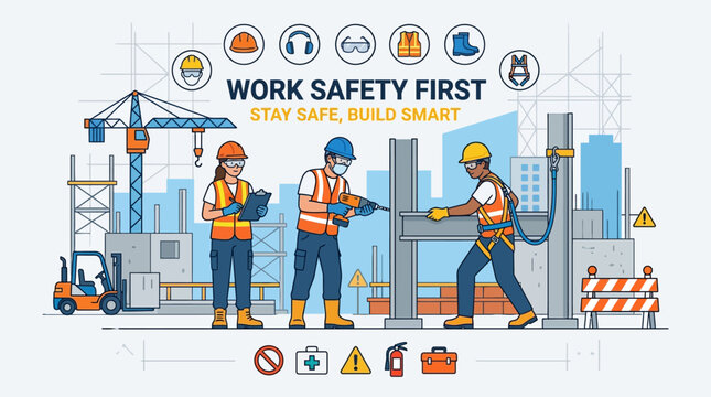 Construction workers in safety gear, building site, teamwork, safety first, illustration