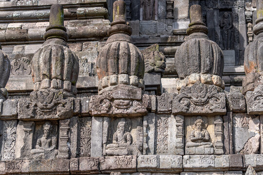 Ancient temple ruins of Prambanan Candi Prambanan a 9th-century Mahayana Buddhist temple complex in Magelang Regency, Yogyakarta region, central Java, Indonesia