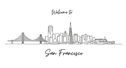 Fototapeta premium San Francisco Skyline Illustration: Line Art with Welcome Message