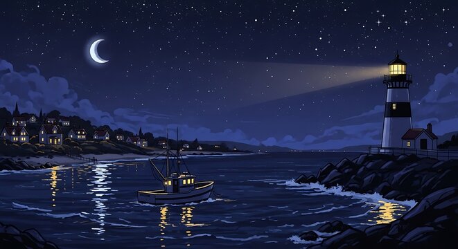 Nighttime lighthouse illuminates ocean scene with boat and starry sky