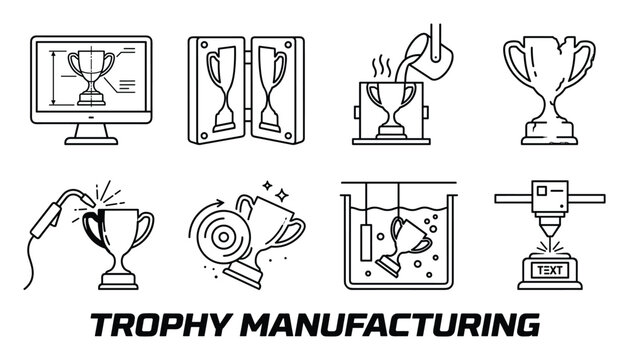 Trophy manufacturing process icons computer mold pouring metal welding polishing electroplating laser engraving line art.