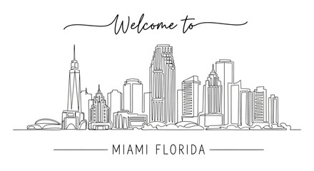 Fototapeta premium Welcome to Miami Florida Skyline Outline Illustration. Modern Cityscape Graphic.