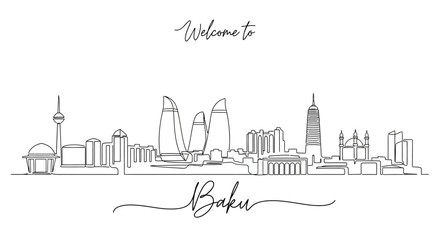 Naklejka premium Welcome to Baku Skyline - Continuous Line Drawing, Azerbaijan Capital City
