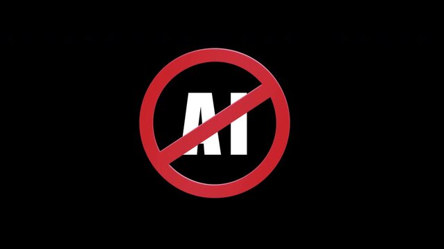 No ai overlay animation with transparent background, alpha channel. Dramatic animation of ai crossed out by red prohibition sign, symbolizing protest, warning and ethical resistance to ai content