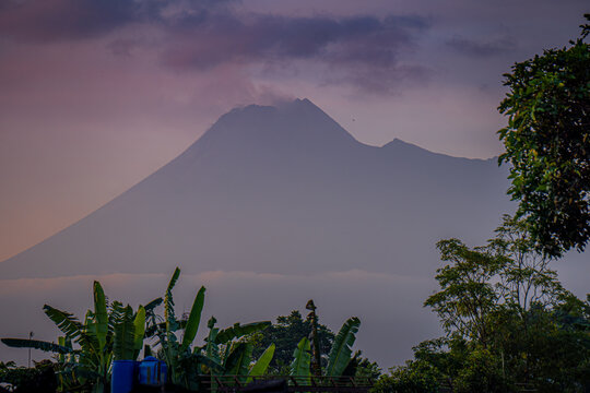 The active volcano Merapi billows smoke over the lush green landscape