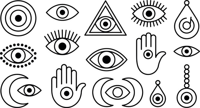 Traditional protective evil eye and hamsa hand talisman line icons set with celestial esoteric symbols