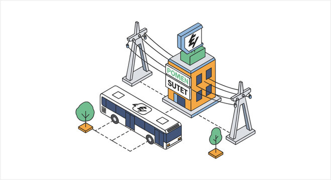 Electric bus charging station connected to power grid.