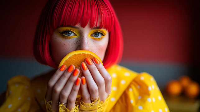 Young woman with red bob hair holding orange slice in creative makeup portrait, vitamin