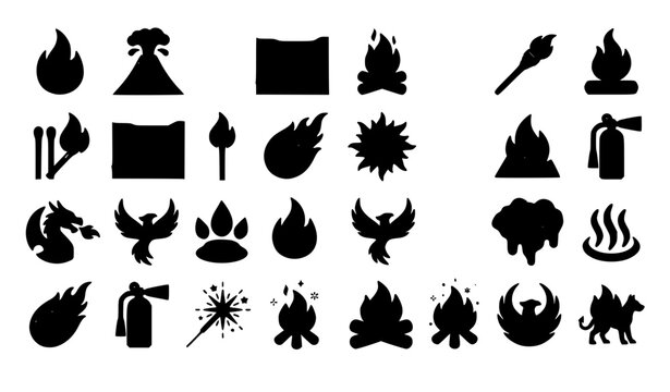 Collection of black fire and flame icons on white background