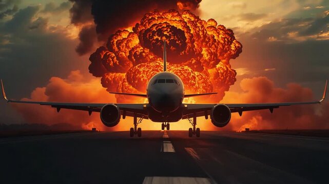 Airplane taking off from airport runway during massive fiery explosion background cinematic motion video clip for dramatic action sequences