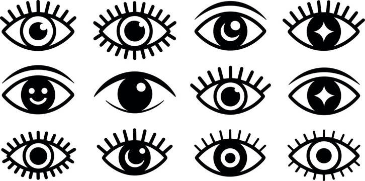 Cartoon human eye lashes and vision vector icons set with different look expressions symbols