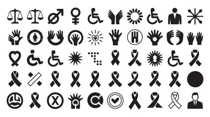 Fototapeta premium Social justice and human rights icons set, 50 black vector symbols for equality and disability awareness, charity and community support signs