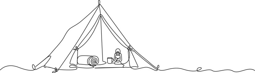 Continuous line drawing Camping, outdoor adventure, minimalist line art, tent and gear, simple illustration © ANJALI