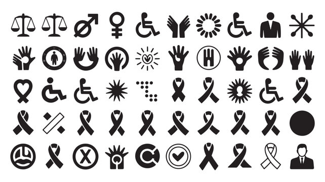 Social justice and human rights icons set, 50 black vector symbols for equality and disability awareness, charity and community support signs