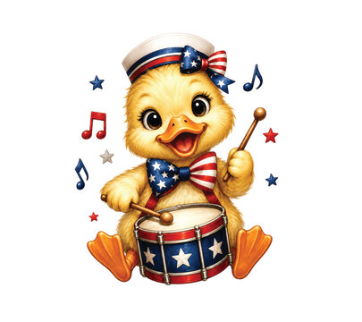 Sweet little duckling dressed in patriotic colors plays a marching drum with musical notes floating