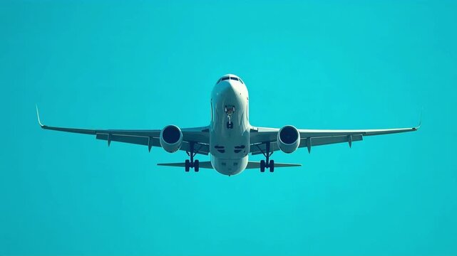 Airplane landing motion video showing a commercial passenger jet descending through clear blue skies during a bright sunny day flight