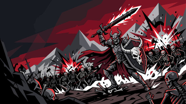 A powerful dark knight with a glowing red sword leads an army of skeletons into a fierce battle against unseen foes amidst jagged mountains and a crimson-streaked sky.