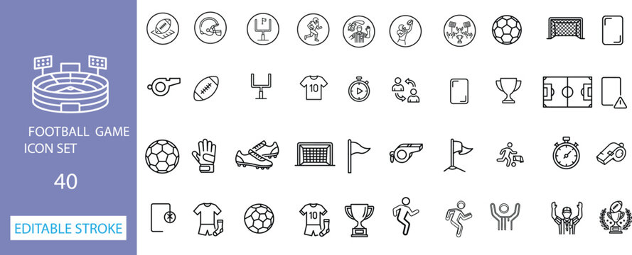 Editable line icons of football game elements and symbols in modern style