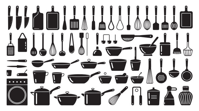 Minimalist kitchenware icon set, black silhouette cooking utensils and cookware collection, professional culinary equipment vector illustrations for restaurant menus