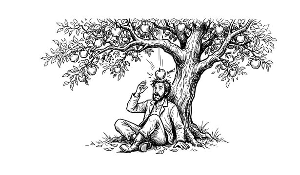 Isaac Newton sitting under apple tree, scientist discovering gravity, hand-drawn sketch illustration.