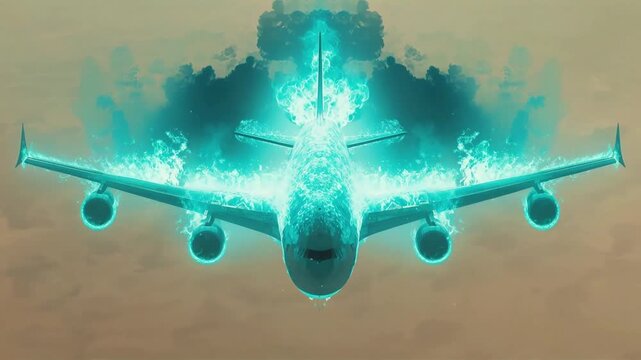 Airplane engulfed in surreal blue fire flying through clouds digital motion video clip for high impact cinematic visual effects