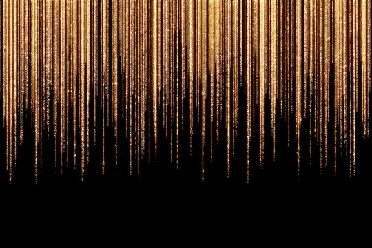 Golden glittering rain on a black background for festive celebrations.