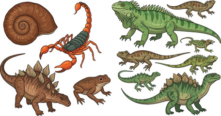 Fototapeta premium Prehistoric and modern reptiles and amphibians illustration featuring dinosaurs, frogs, iguanas, scorpions, and ammonite shell designs