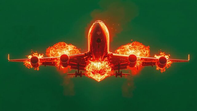 Airplane engine fire emergency motion graphic showing a burning jet aircraft in flight against a dark solid green background video