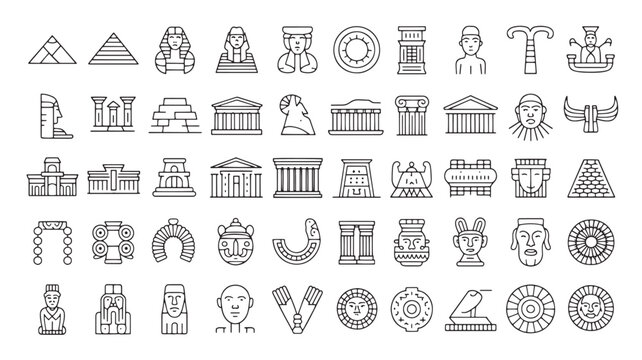 Ancient civilization line icons, 50 historical landmark and culture symbols vector set, minimalist archaeology and world heritage architecture icons