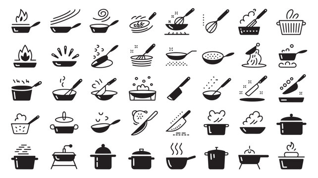 Cooking process icons set, 40 black kitchenware vector symbols, culinary preparation and frying pan signs, restaurant menu and recipe book graphics