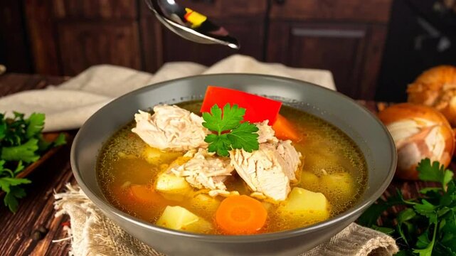 Chicken soup in a bowl.