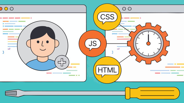 Web Development Team Management and Coding Process Vector Illustration