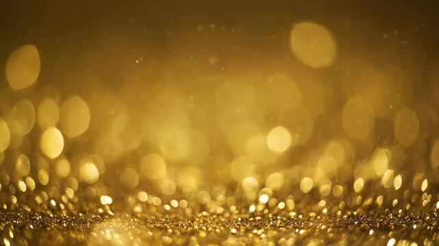 Golden bokeh effect with glittering particles. Shimmering gold background with sparkling lights. Luxury abstract video with static motion for creative projects.