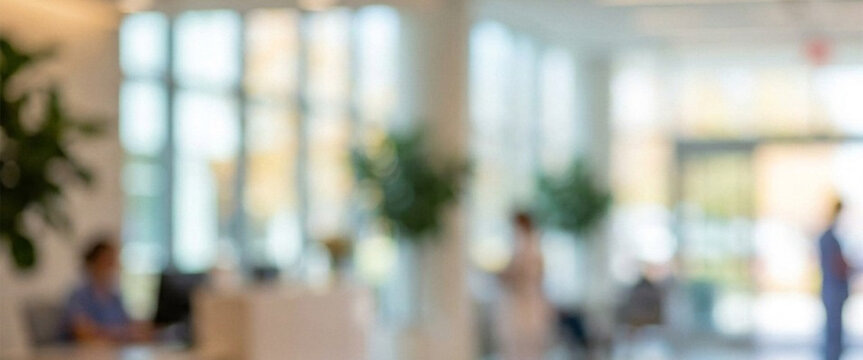 A blurred image of a modern office or reception area with soft lighting, plants, and people casually moving around, conveying a sense of calm professionalism.