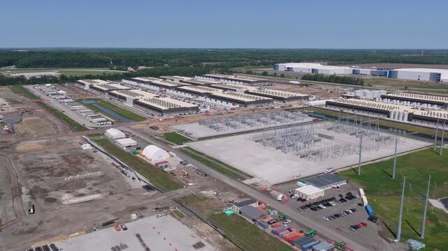Aerial view of the construction site of data center facility, large AI center structure surrounded by power systems