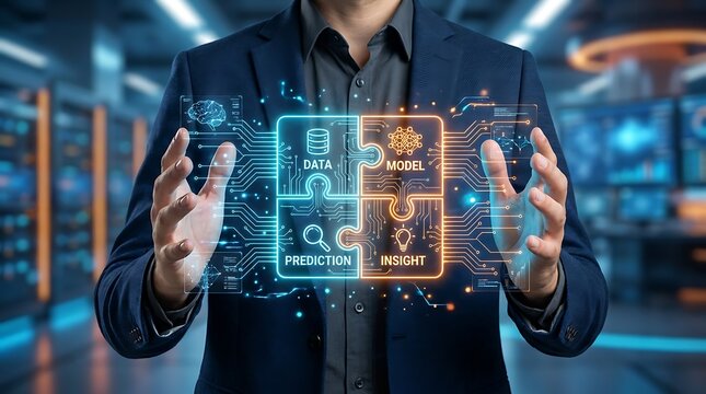 Businessman holding digital puzzle pieces representing data, model, prediction, and insight in a futuristic data center environment
