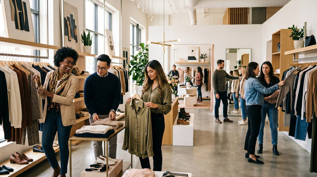 Diverse group of shoppers exploring contemporary clothing in a modern designer boutique