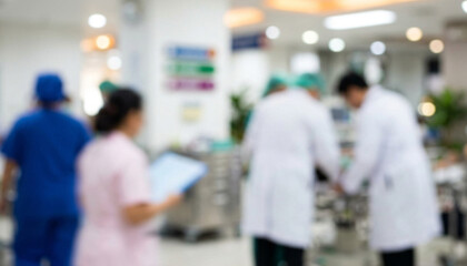 Fototapeta premium A busy hospital environment featuring medical professionals in scrubs and lab coats, engaged in various activities amidst medical equipment.