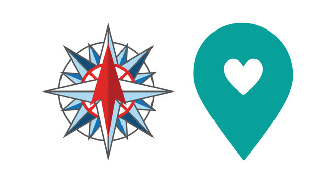 Compass Rose and Map Pointer Symbols in a Flat Vector Design with Color Accents.