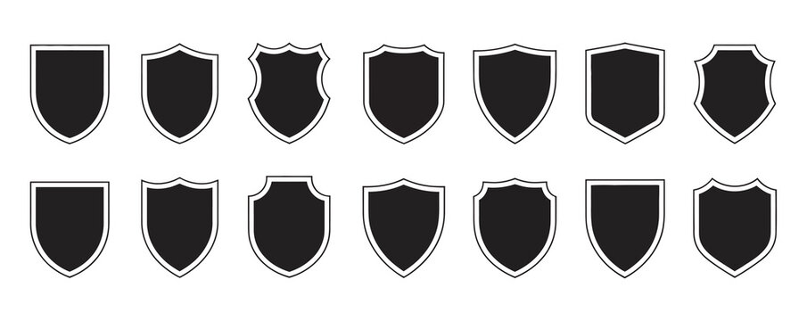 Collection of black shield icons in various shapes for security and protection themes.