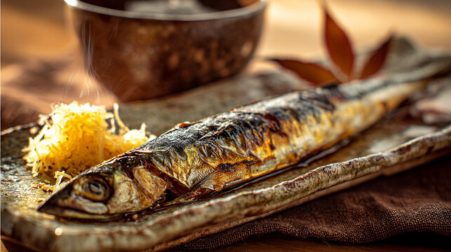 Detailed close-up of a steaming grilled saury (sanma) served on a rustic ceramic plate