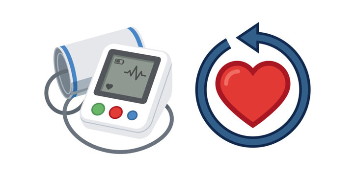 Blood Pressure Machine and Heart Symbol with a Circular Arrow Icon, Depicted in a Flat Vector Illustration.