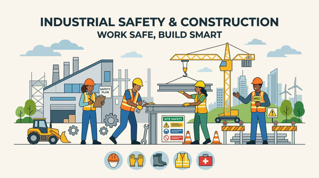 Industrial construction safety illustration: workers, building site, equipment, signage.